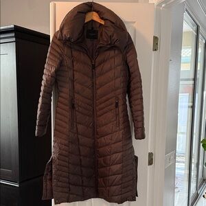 Marc New York Midi Length Brown Chevron Quilted Puffer Coat